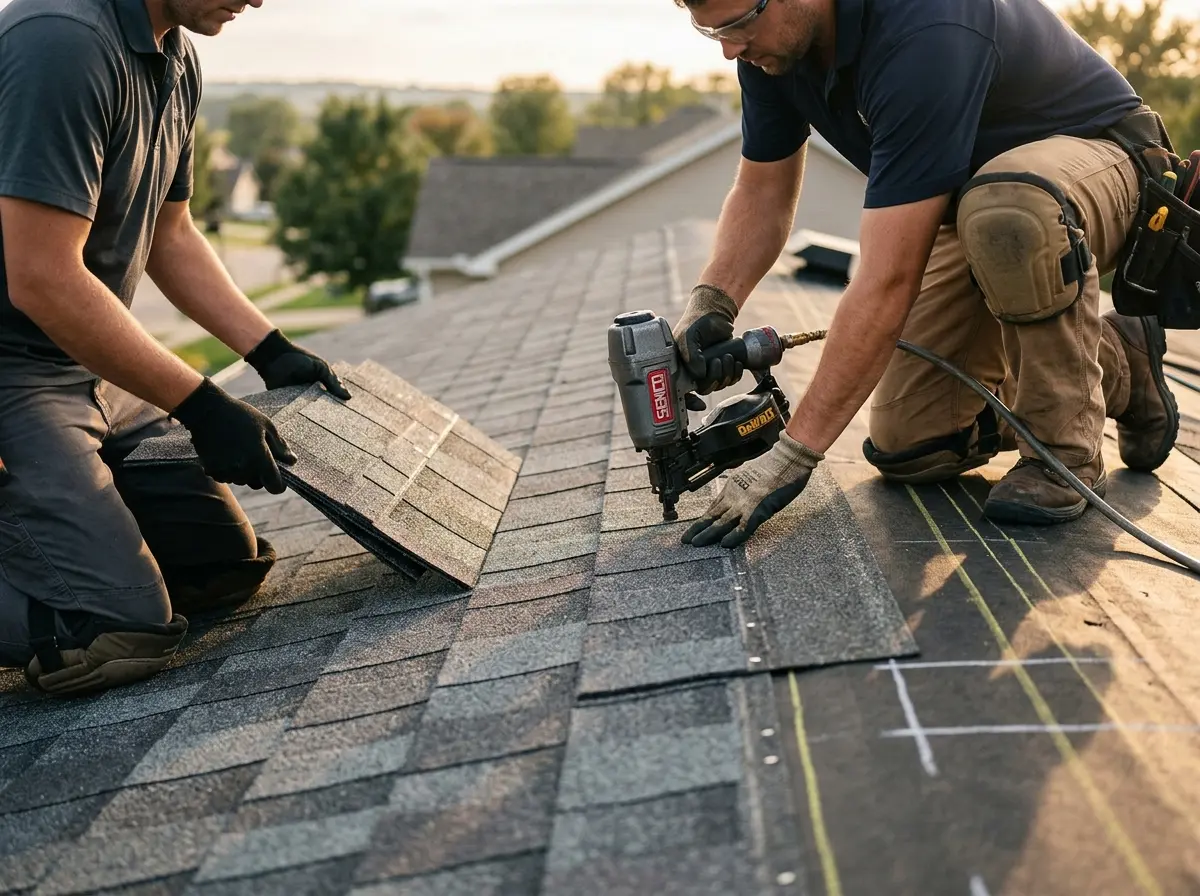 Professional roofer working on a residential roof in Oceanport